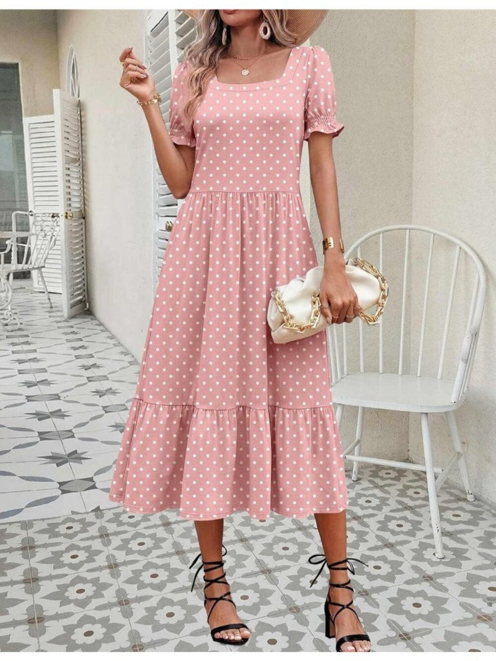 Zeagoo Women's Pink Dot Floral Flowy Casual Short Sleeve Tiered Midi Maxi Dress - Picture 4 of 6